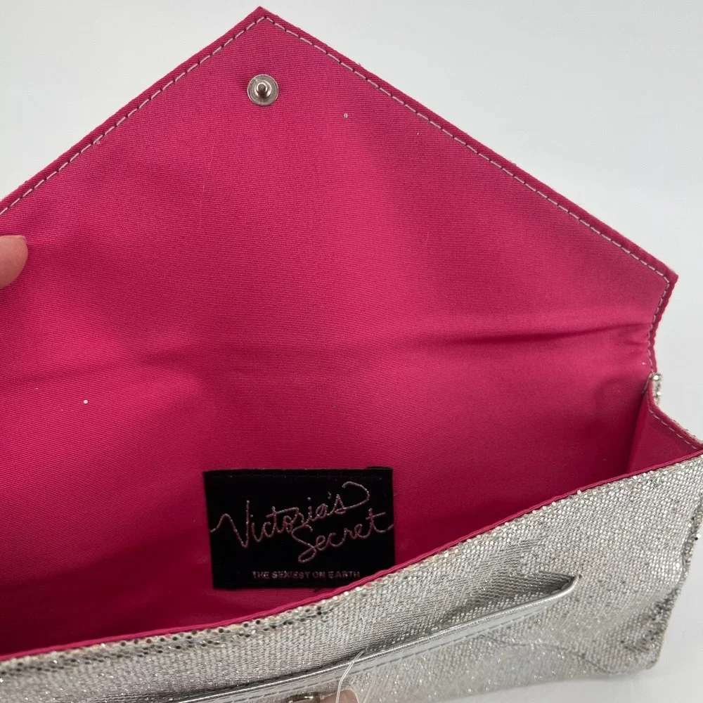Victorias Secret Silver Glitter‎ Envelope Clutch Pink Lining Evening Bag